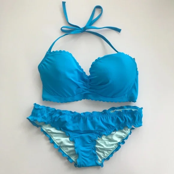 SunDazed 34 DD Bra cup solid turquoise blue underwire top set shirred ruffled - Picture 5 of 11